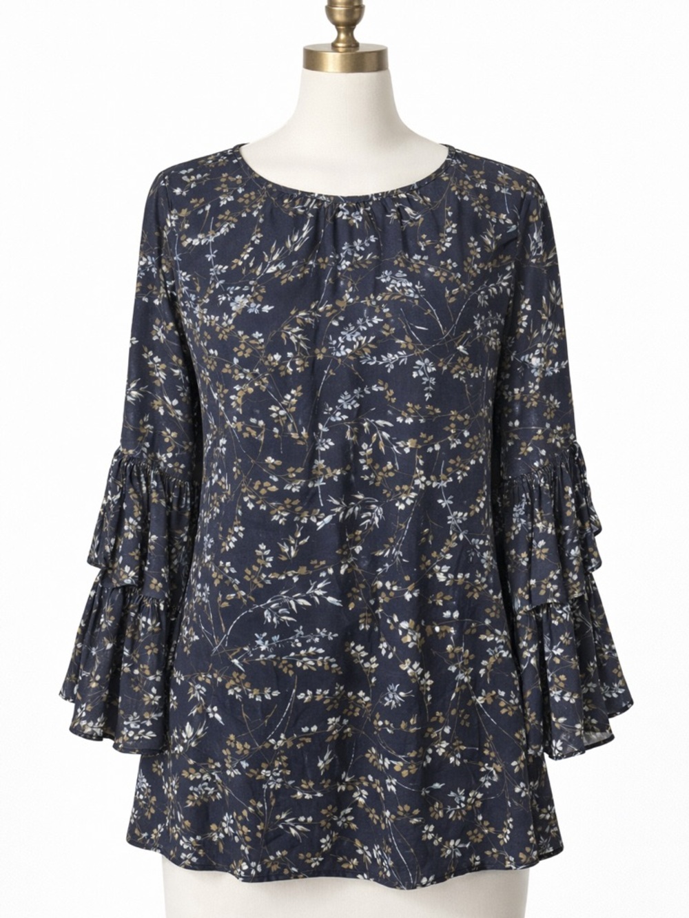 LOFT Navy Floral Tie-Sleeve Top bell sleeve medium
